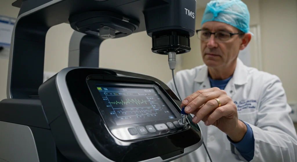 a modern TMS machine with a technician setting up the device