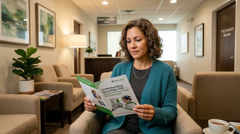 A patient reading a brochure in the clinic waiting area, learning about NeuroStar TMS treatment for depression.