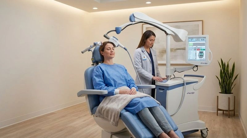 A patient seated in a chair undergoing NeuroStar TMS therapy while a clinician adjusts the device in a treatment room.