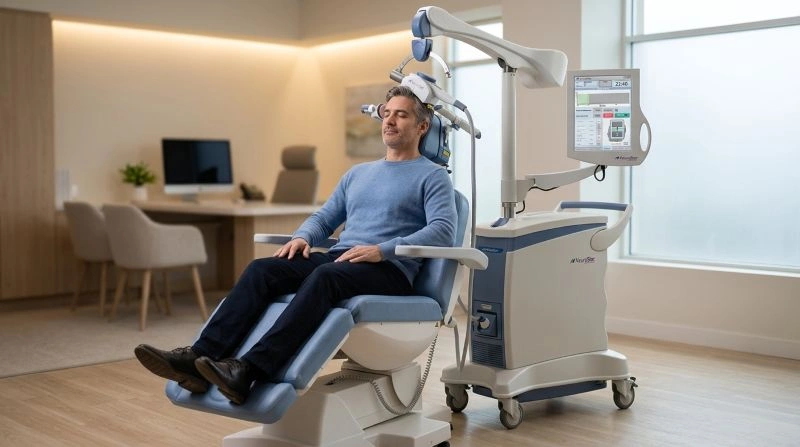 A male patient receiving NeuroStar TMS in a clinical setting, sitting in a chair with the TMS device positioned over his head.