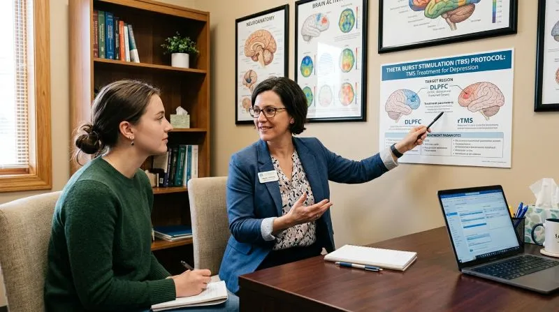 A clinician explaining theta burst stimulation treatment and brain diagrams to a patient in a consultation office.
