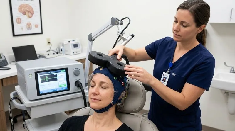 Patient wearing a theta burst stimulation cap while a clinician adjusts the TBS device during a treatment session.