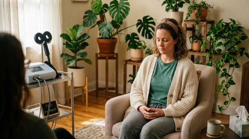 A woman sitting calmly in a chair, preparing for a theta burst stimulation session in a cozy clinic setting.