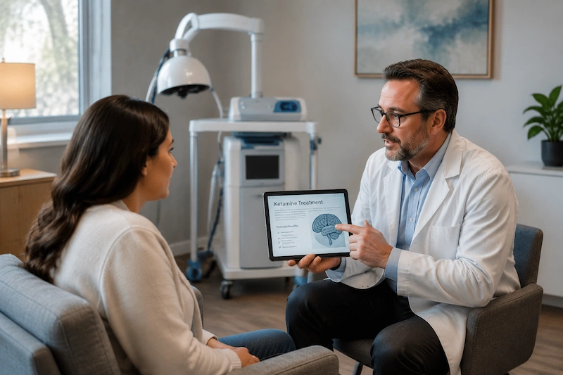 discussing TMS vs Ketamine treatment with psychiatrist