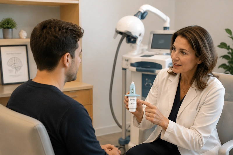 patient discussing Spravato vs TMS therapy options with a psychiatrist