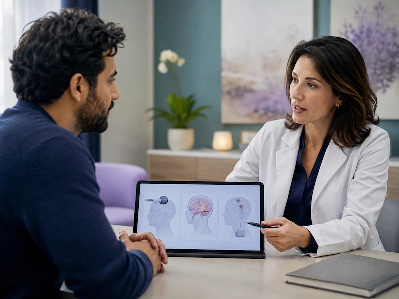 patient discusses brain stimulation techniques with a doctor