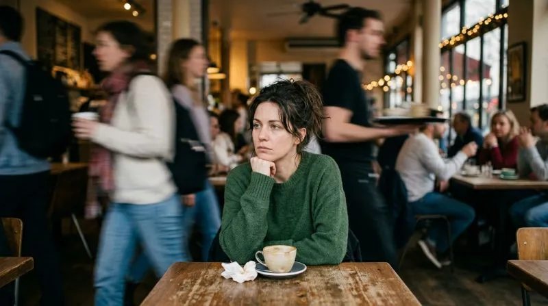 Woman sitting in a busy café surrounded by moving people but feeling disconnected and isolated, capturing the experience of chronic emptiness in social settings.