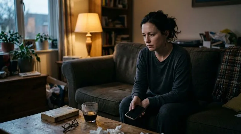 Woman sitting alone on a couch in a dim living room holding her phone, appearing withdrawn and emotionally numb, reflecting a state of chronic emptiness.