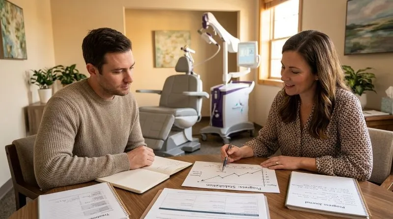 Patient and clinician reviewing progress charts during a therapy session in a clinical office with neurostimulation equipment in the background, illustrating treatment monitoring for chronic emptiness.