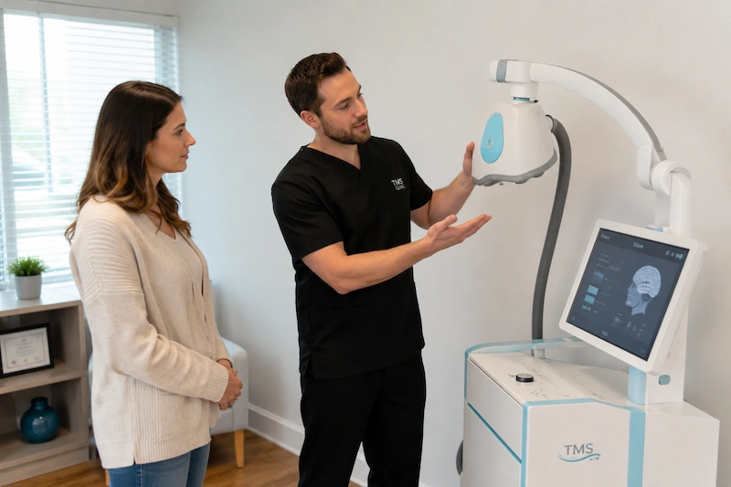 patient and doctor next to a TMS device