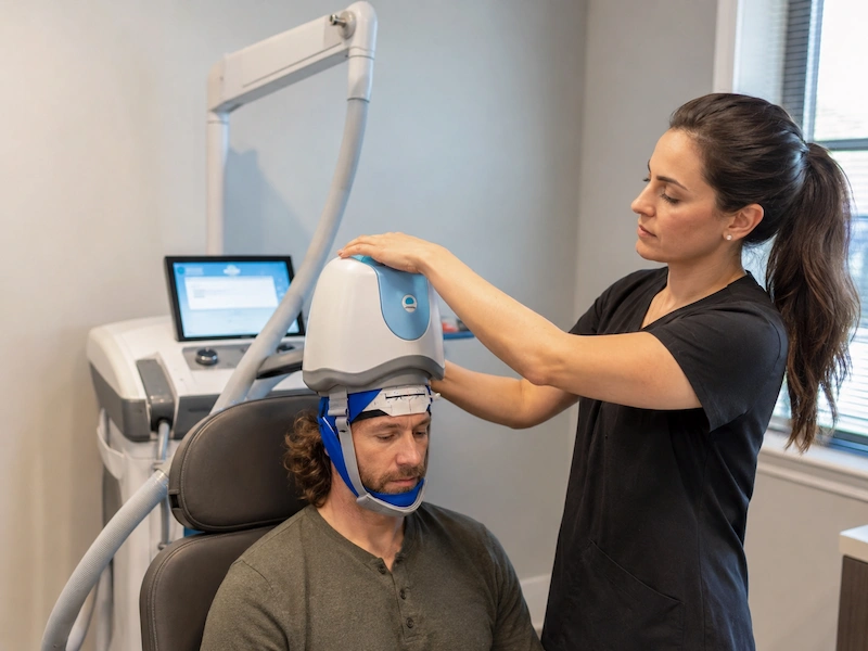 preparing to a TMS treatment session in a clinic