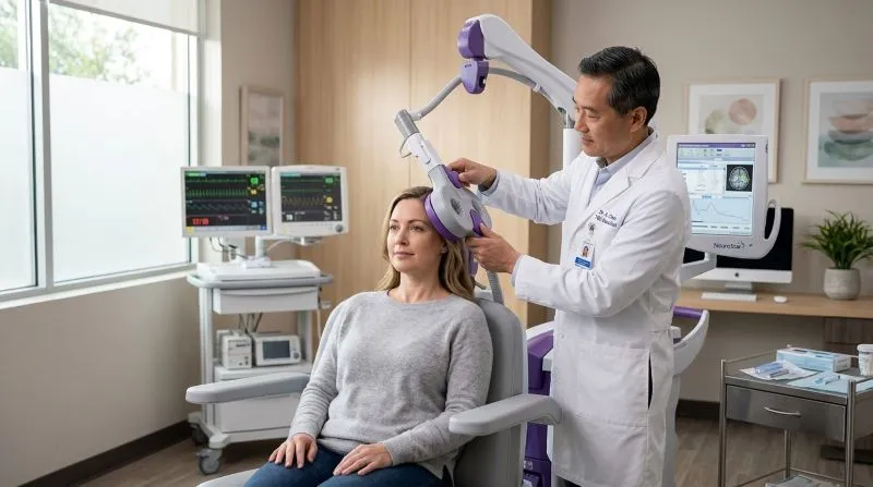 Doctor carefully positioning a TMS coil on a seated patient while monitoring equipment in a clinical room, demonstrating precision in care associated with tms therapy success rate.