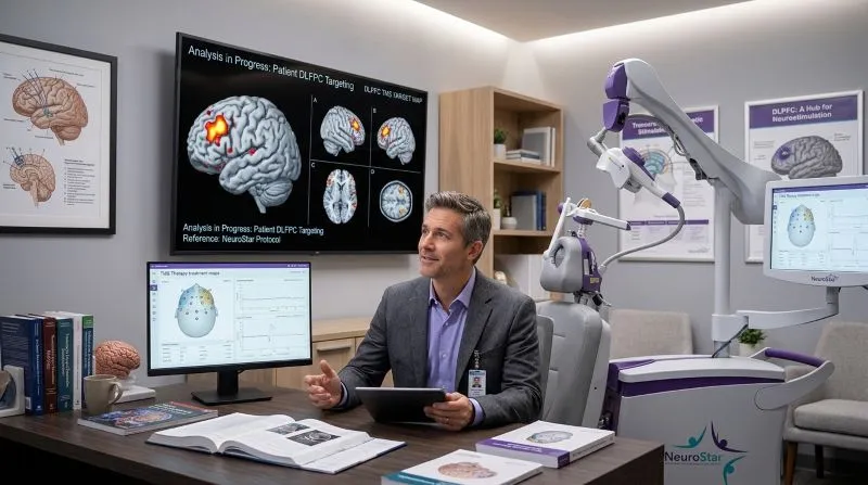 Clinician reviewing brain scans and treatment mapping on a large screen during TMS planning, showing neuroimaging-guided therapy linked to tms therapy success rate.