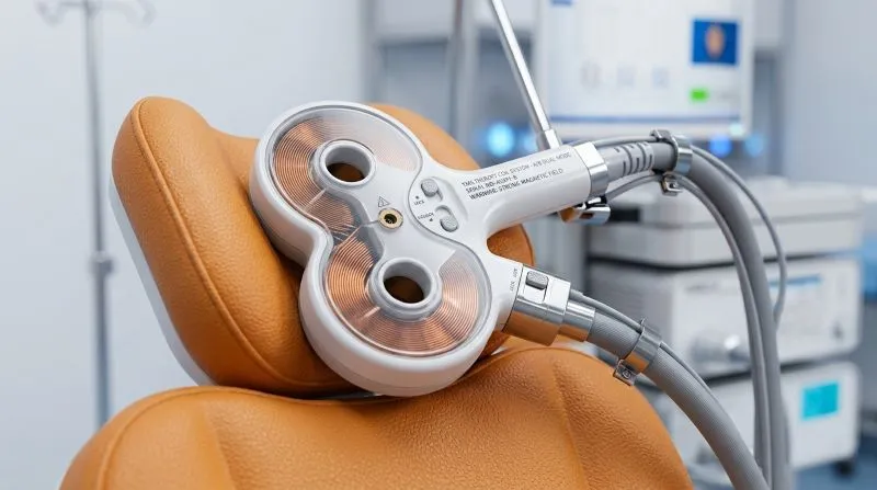 Close-up of a TMS device coil resting on a treatment chair, highlighting the medical technology behind noninvasive brain stimulation and tms therapy success rate.