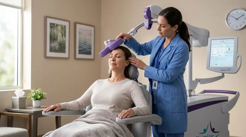 Patient receiving transcranial magnetic stimulation while a clinician adjusts the coil in a calm clinical setting, illustrating early treatment experience related to tms therapy success rate.