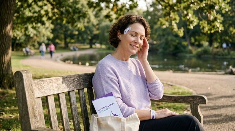 Woman sitting on a park bench smiling calmly after treatment, reflecting improved mood and daily functioning as subtle signs of how do I know if TMS is working.
