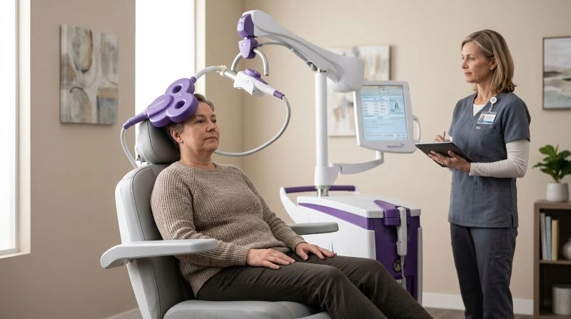 Patient undergoing transcranial magnetic stimulation while a clinician records data on a tablet, showing active treatment sessions and evaluation of how do I know if TMS is working.