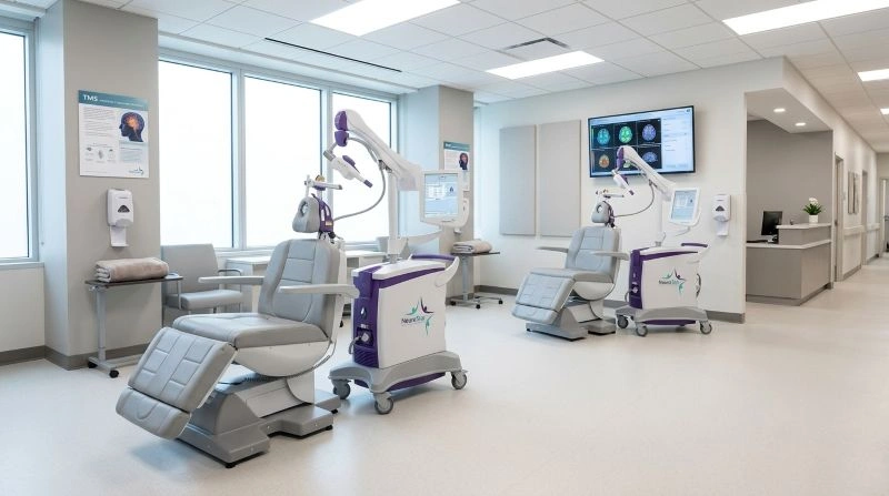 Modern TMS treatment room with multiple stimulation chairs and neurostimulation devices ready for patients, representing a clinical environment used to monitor outcomes for how do I know if TMS is working.