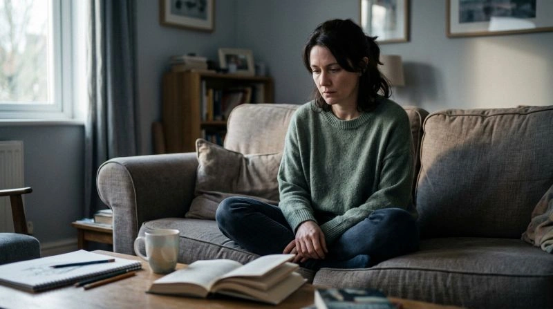 Person experiencing feelings of being disconnected from reality while sitting alone and reflecting at home