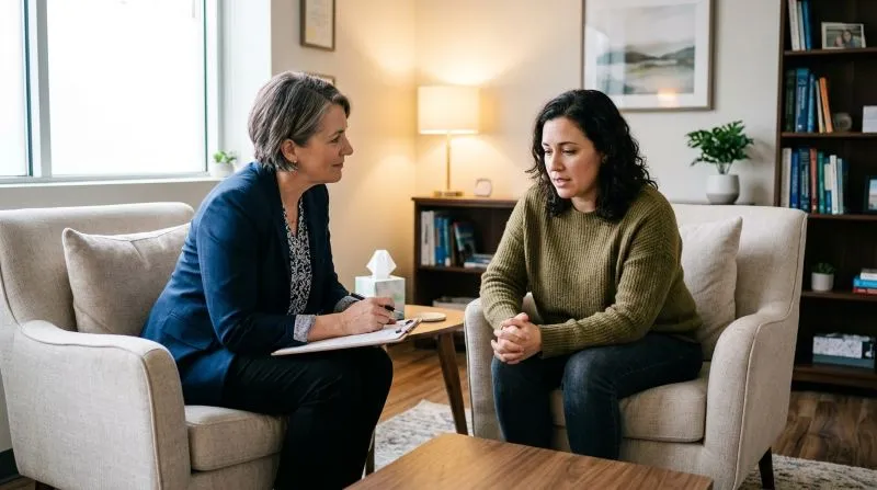 Therapist supporting a patient discussing sensory overload anxiety and related emotional challenges