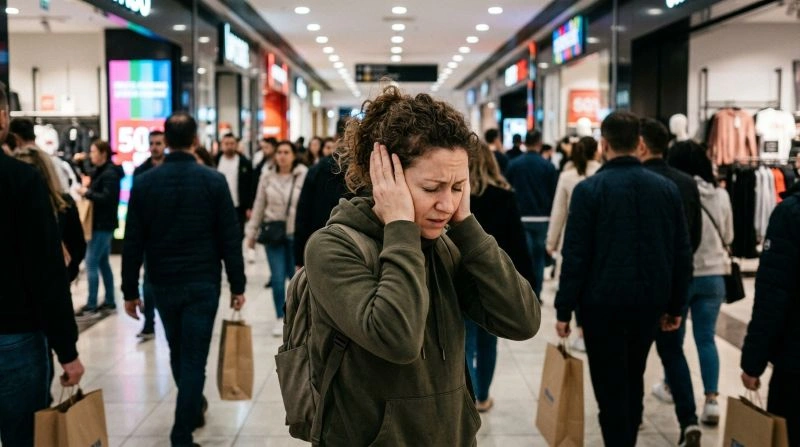 Person experiencing sensory overload anxiety in a crowded shopping environment with overwhelming sounds and activity