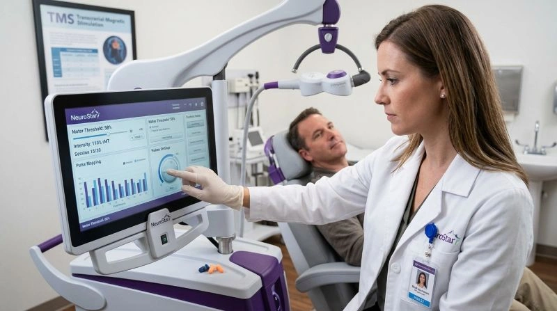 TMS treatment session for sensory overload anxiety and related mental health symptoms in a clinical setting