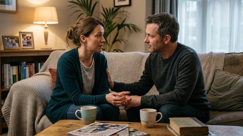 Couple discussing emotional support and challenges related to adult separation disorder in a home setting