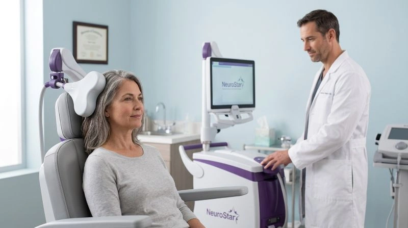 Adult receiving TMS treatment as part of care for anxiety symptoms linked to adult separation disorder