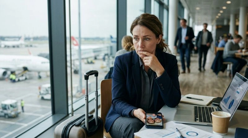Traveler experiencing anxiety and worry during separation from loved ones as a sign of adult separation disorder