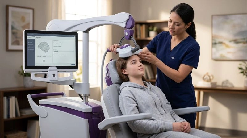 Teen receiving TMS treatment with family support for separation anxiety in teens and related anxiety symptoms