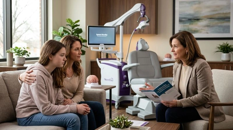 Parent and teenager discussing treatment options for separation anxiety in teens with a mental health professional