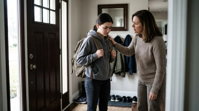Parent supporting a teenager before school while managing separation anxiety in teens symptoms