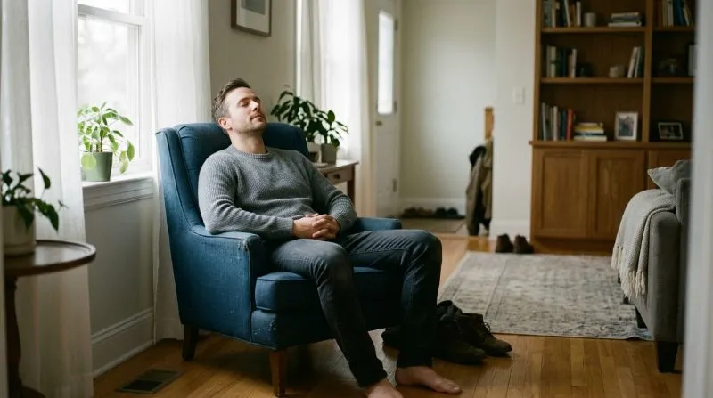 Person practicing relaxation techniques at home to manage obsessive thoughts alongside obsessive thinking therapy NYC support