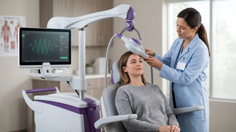 TMS treatment session for waking up with anxiety and persistent stress symptoms in a mental health clinic