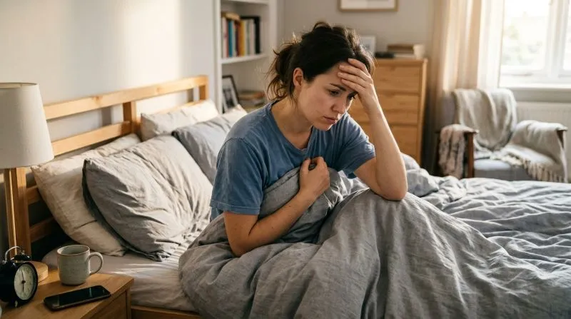 Woman waking up with anxiety symptoms sitting in bed with chest discomfort and worried thoughts in the morning