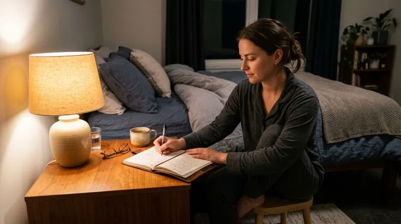 Person managing waking up with anxiety by journaling and practicing a calming bedtime routine