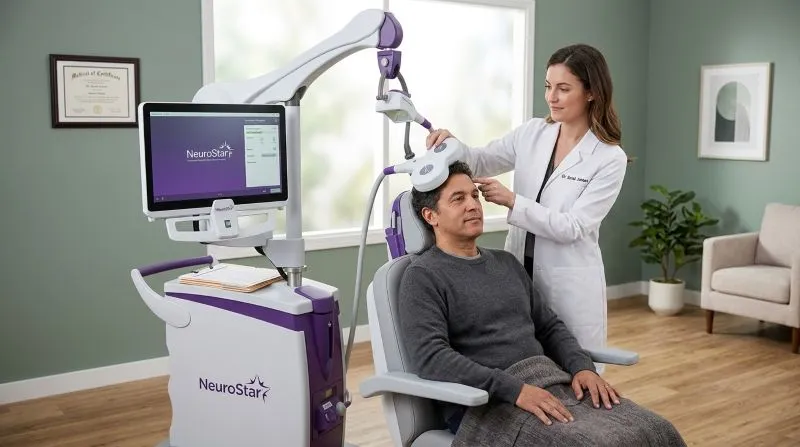 TMS therapy session for waking up with anxiety and related mental health symptoms using a NeuroStar device