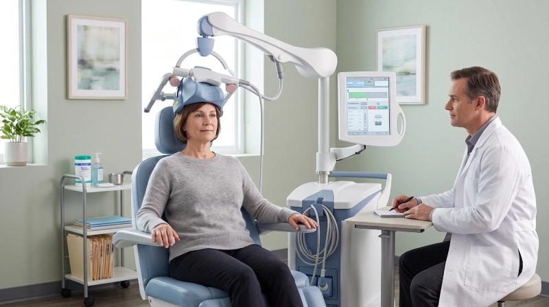 Woman receiving TMS treatment in a clinical setting, illustrating treatment options often discussed when comparing depression vs sadness.