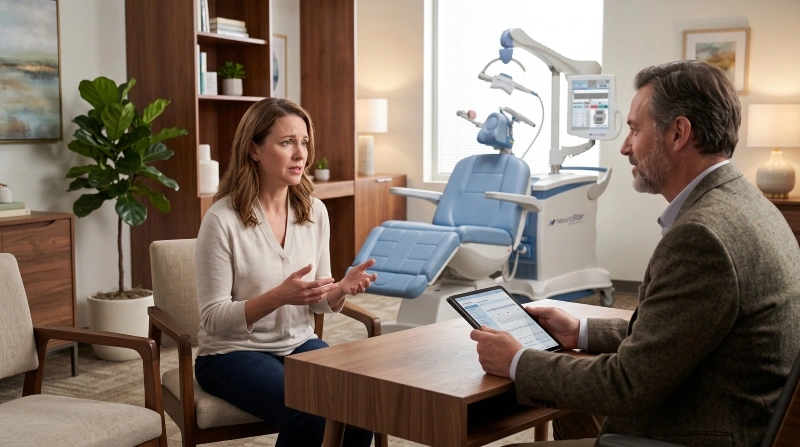 1. Woman discussing symptoms with a mental health professional beside a TMS system, illustrating clinical support and treatment options for false memory OCD.