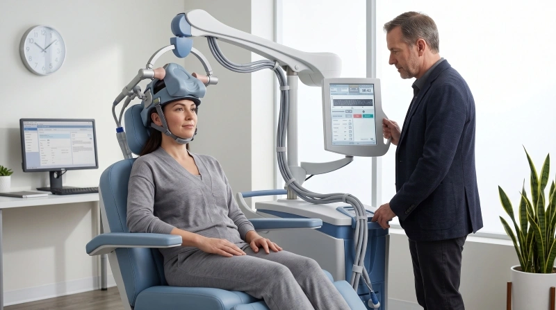 1. Woman receiving TMS treatment while a clinician monitors the session, illustrating a clinical treatment setting for symptoms associated with OCD fear of death.
