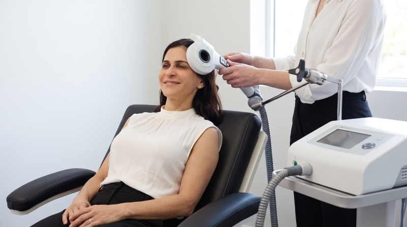 1. Woman receiving TMS therapy in a clinical setting as a non-drug treatment option for people researching how to heal anxiety without medication.