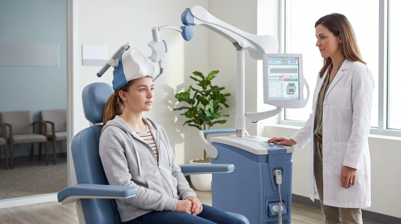 1. Teen girl receiving TMS therapy under clinical supervision, illustrating a treatment setting for depression treatment for teenager.
