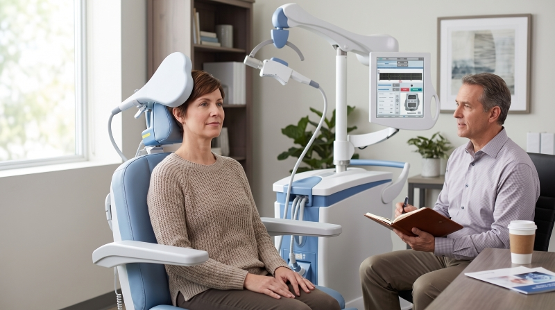 1. Patient seated beside a TMS system while speaking with a clinician, demonstrating integrating TMS with counseling in a coordinated treatment plan.
