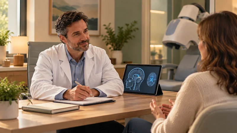 patient discussing TMS for Treatment-Resistant Bipolar Depression with a provider